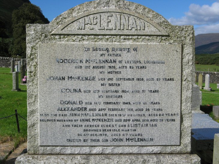Photo of headstones/Roderick MacLennan & family hdstn Lochbroom